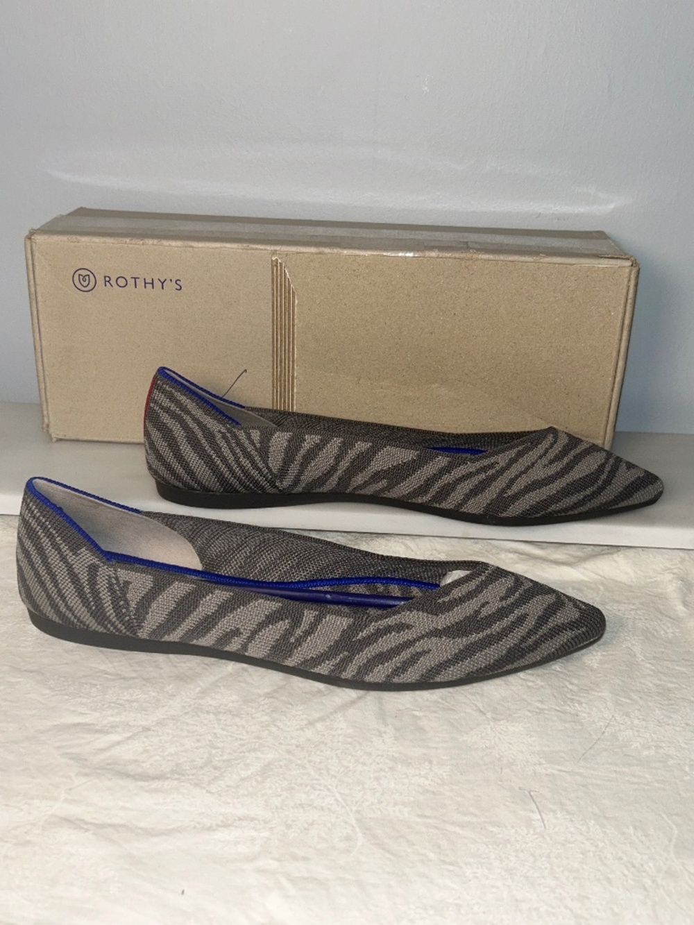 NEW w/Box ROTHY'S The Point Flats Grey Zebra Animal Print Career Women’s Size 10